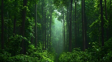 Obraz premium Sunlight Filtering Through Lush Green Forest Pathway