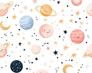 A charming constellation map in soft pastel tones, featuring tiny smiling planets, crescent moons, and scattered twinkling stars