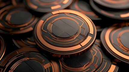 Cryptocurrency tokens secure concept. Close-up of futuristic bronze coins with intricate circuit patterns on a dark background.
