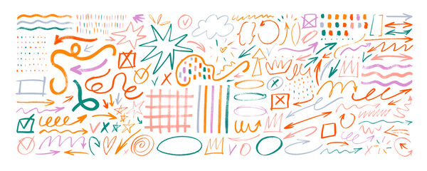 Colorful brush and crayon drawn doodle shapes, scribbles and squiggles. Funky pencil arrows, stars.
