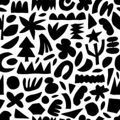 Seamless pattern with cutout organic shapes and geometric figures. Hand drawn organic cut out abstract forms. Plants and basic shapes wallpaper. Vector contemporary naive print with primitive forms.