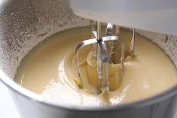 Making dough in bowl of stand mixer, closeup