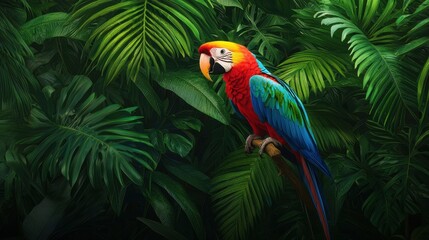Vibrant Scarlet Macaw Perched Among Lush Tropical Greenery