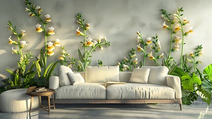 Vivid 3D artwork of snapdragons on a wall, with a chic lounge mockup on the side.