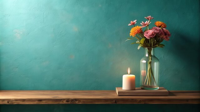 Serene Still Life with Burning Candle and Colorful Flowers in Glass Vase on Wooden Shelf Against Teal Wall