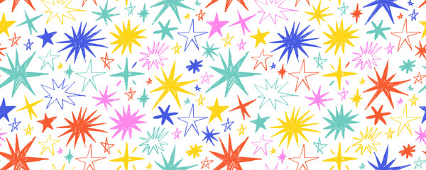 Crayon drawn cute colorful stars seamless pattern. Doodle sparks and sparkles with pencil texture. Hand drawn childish background or wrapping paper with cute funky stars. Doodle seamless pattern.