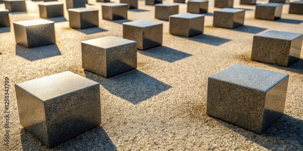 Poster A grid of granite cubes bathed in sunlight casts shadows on a textured surface