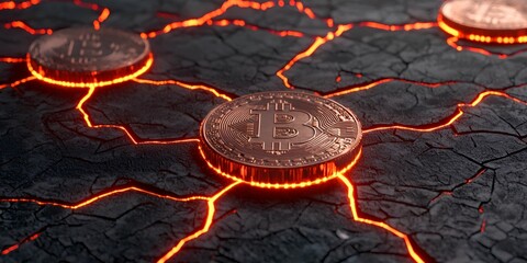 Cryptocurrency tokens secure concept. Bitcoin coins glowing on a cracked surface with fiery lines connecting them.