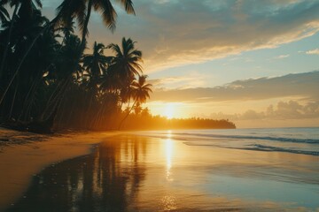 Fototapeta premium Sunset over a serene beach with palm trees reflecting golden light on calm waves. Generative AI