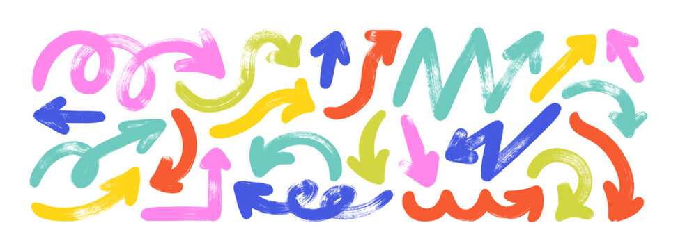 Brush drawn funky bold arrows collection. Colorful thick curved, straight and zigzag arrows. Vector doodle punk elements, grunge street art icons, urban style various direction symbols.