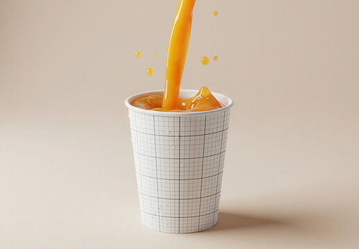 Disposable Cup being Fillled with Soda Orange Juice Mockup