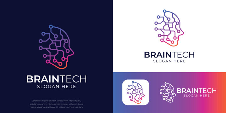 Brain tech logo design, futuristic circuit board-inspired human head profile for AI, technology, innovation, startup, neural networks, software development, and digital transformation&nbsp;companies.