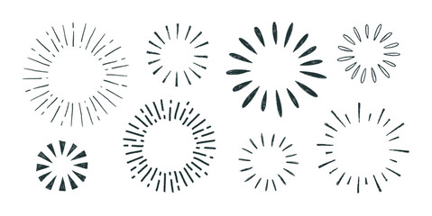Crayon drawn circle sunburst shapes collection. Vector ink illustration of sun beams, attention emphasis circles. Decorative doodle funky round shapes. Hand drawn sunburst sparkle ray elements.