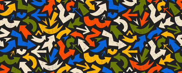 Multi colored seamless pattern with bold arrows with crayon or chalk texture. Seamless banner design in retro style.