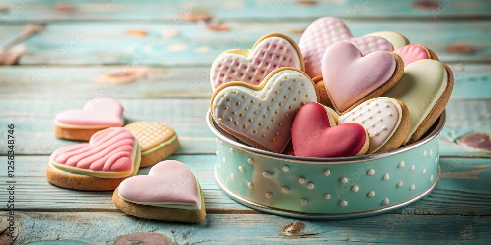 Poster delicious heart-shaped cookies in pastel colors, arranged in a decorative container on a rustic wood
