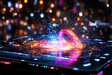 Futuristic quantum communication terminal with glowing screen displaying real-time data transmission through advanced quantum links and cutting-edge technology