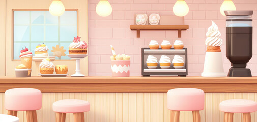 A cozy cafe with tiny pastel chairs, soft glowing lanterns, and a display of kawaii-style desserts on a wooden counter