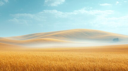 Fototapeta premium Golden wheat field under a clear blue sky with rolling hills and soft mist in the background