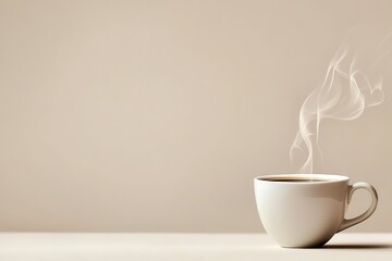 Happy morning with delicious coffee. Steaming coffee cup on a minimalist background.