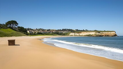 Golden Sandy Beach With Coastal View And Wooden Box