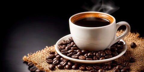 Obraz premium Happy morning with delicious coffee. Steaming coffee cup on a burlap surface with coffee beans.