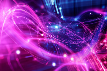 Fototapeta premium A striking combination of neon pink, purple, and electric blue abstract background with glowing lines and energetic shapes. A high-tech, cyberpunk-inspired design.