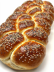 Golden braided bread loaf, topped with a mix of black and white sesame seeds on a clean white surface.