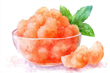 Watercolor depiction of an orange granita in a glass bowl, garnished with mint leaves and citrus wedges.