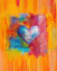 Abstract painting of a blue heart with a colourful painted background in orange, yellow, blue, pink and green