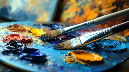 Obraz premium Vibrant oil paints, artist brushes, creative palette.