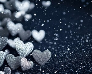 Fototapeta premium A deep navy and silver heart background, with tiny glimmering metallic hearts resembling elegant stardust floating in a night sky