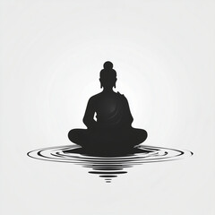 silhouette of a buddhist monk meditating sorrounded by water.