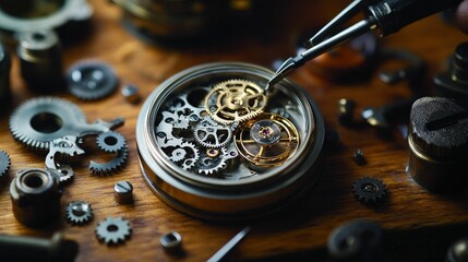 Precision watch repair intricate gears metalwork.