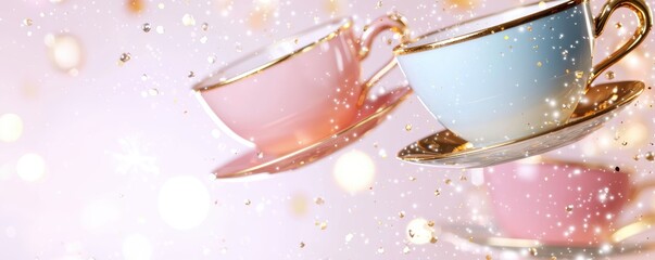A dreamy background featuring a tiny tea party scene with floating pastel-colored teacups and tiny twinkling sparkles