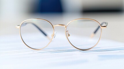 Eyeglasses on Report, Office Setting, Focus on Clarity, Suitable for Business Stock Photo