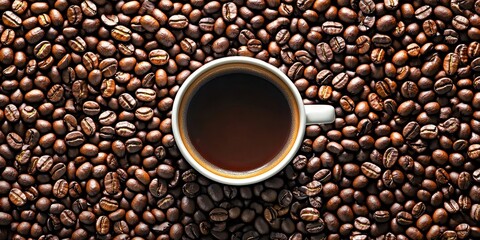 Fototapeta premium Happy morning with delicious coffee. A cup of coffee surrounded by roasted coffee beans.