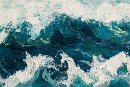 Aerial view of ocean waves texture, deep turquoise and white froth creating dynamic, natural movement.