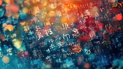 Fototapeta premium Abstract background with colorful Chinese characters and bokeh lights.