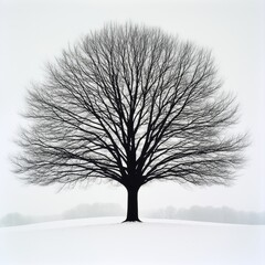 A solitary bare tree with no leaves against a foggy white background in winter.