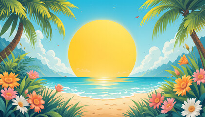 tropical beach with palm trees, flower of bushes and beautiful round sunset. Graphic resources for summer. 