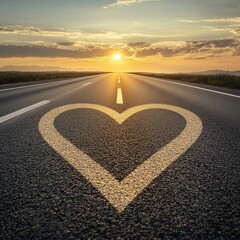 A scenic road featuring a heart symbol painted on the asphalt during sunset.