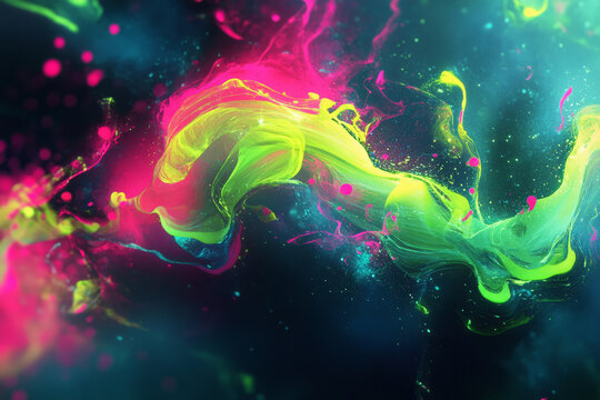 A vibrant combination of lime green, pink, and bright blue with glowing patterns and fluid shapes. A playful, energetic design perfect for fun branding or creative visuals.