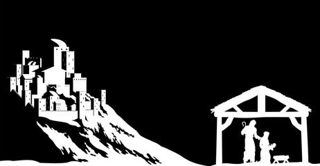 A Christmas nativity scene with baby Jesus in the manger and the city of Bethlehem in the background