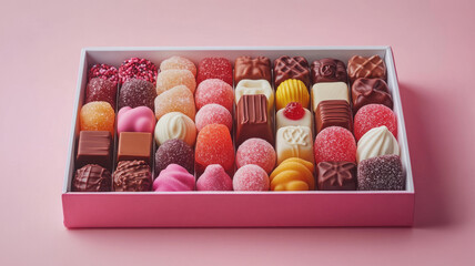 Box of assorted colorful chocolates.