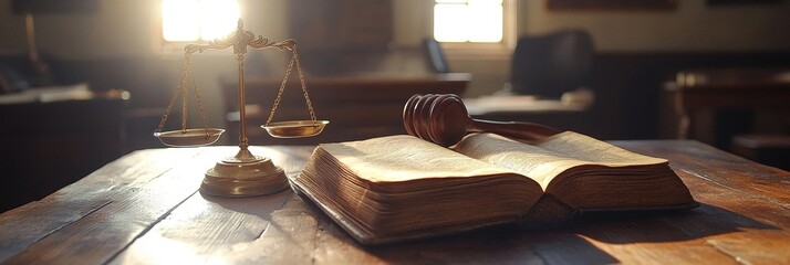 Mallet And Legal Book With Justice Scale On Table