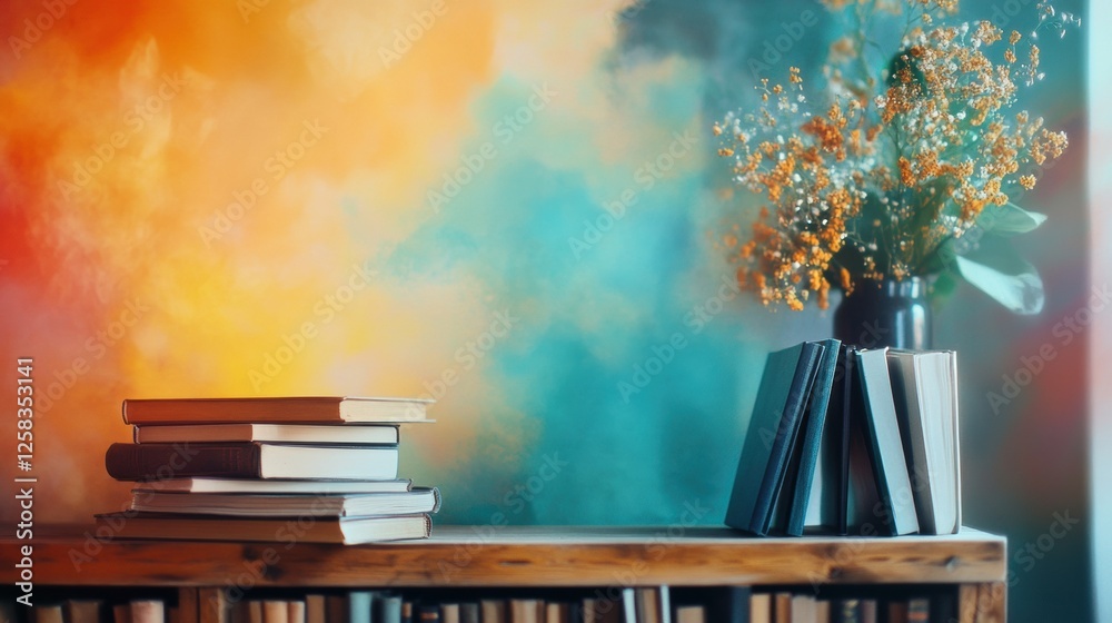 Aufkleber rustic wooden shelf with a stack of books and decorative flowers in a cozy reading nook. generative 