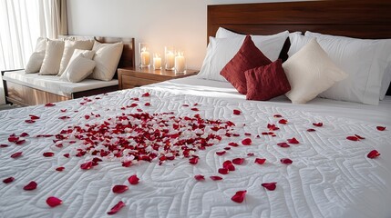 A romantic bedroom setting showcasing a neatly made bed with petals scattered across the duvet, flickering candles on bedside tables, and an array of soft, inviting throw pillows,