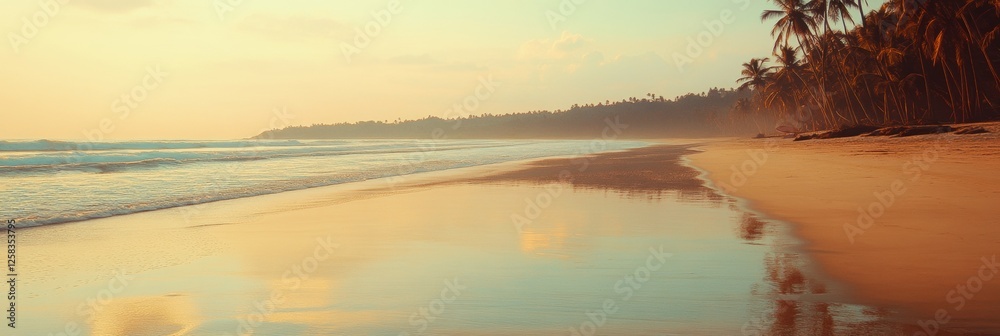 Poster Golden sunset reflections on a serene beach with palm trees and gentle waves along the coastline. Generative AI