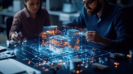 Two colleagues collaborating on a computer with a blue and orange model in a modern office environment