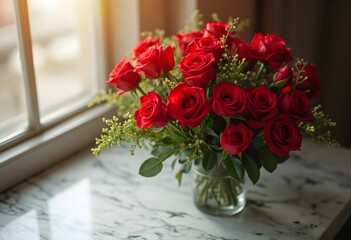 Obraz premium Red Roses on Marble with Sunlight
